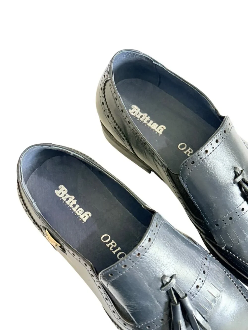British Collection Mens Gray Leather Tassel Loafers 12 M/W With Brogue Detailing